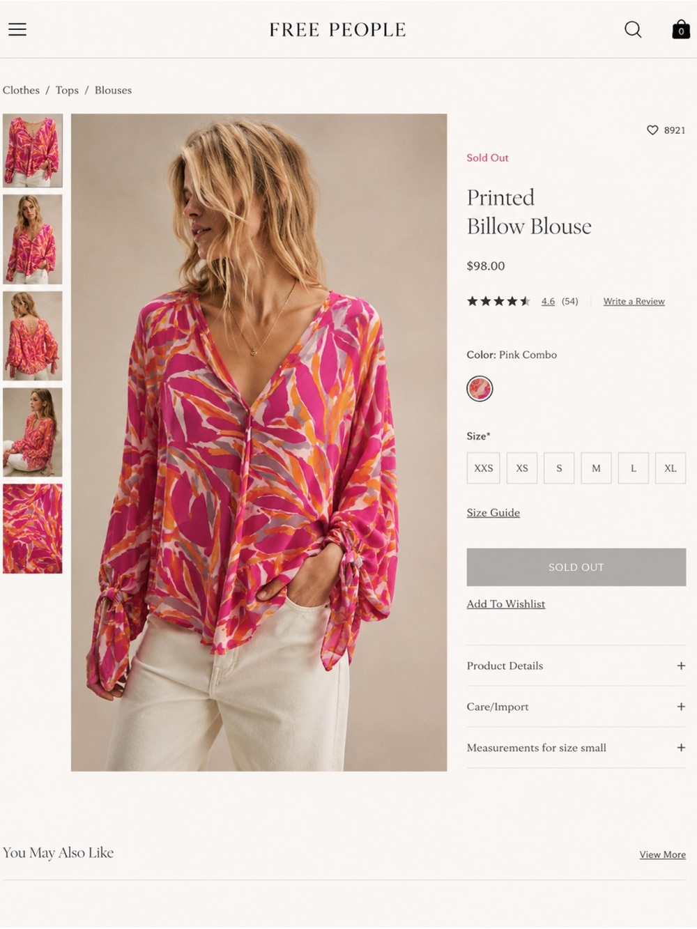 Free People V-Neck Billowy Blouse - Pink, Orange, White